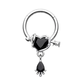 16G Black Gem Arrowed Heart Hinged Segment Septum Ring