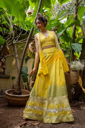 8 panel tie and dye lehenga with hand embroidery sequined sunflower creeper on the bottom