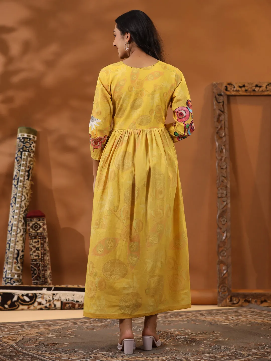 Abstract & Floral Printed Zari & Sequins Embellished Pleated Maxi Dress - Yellow