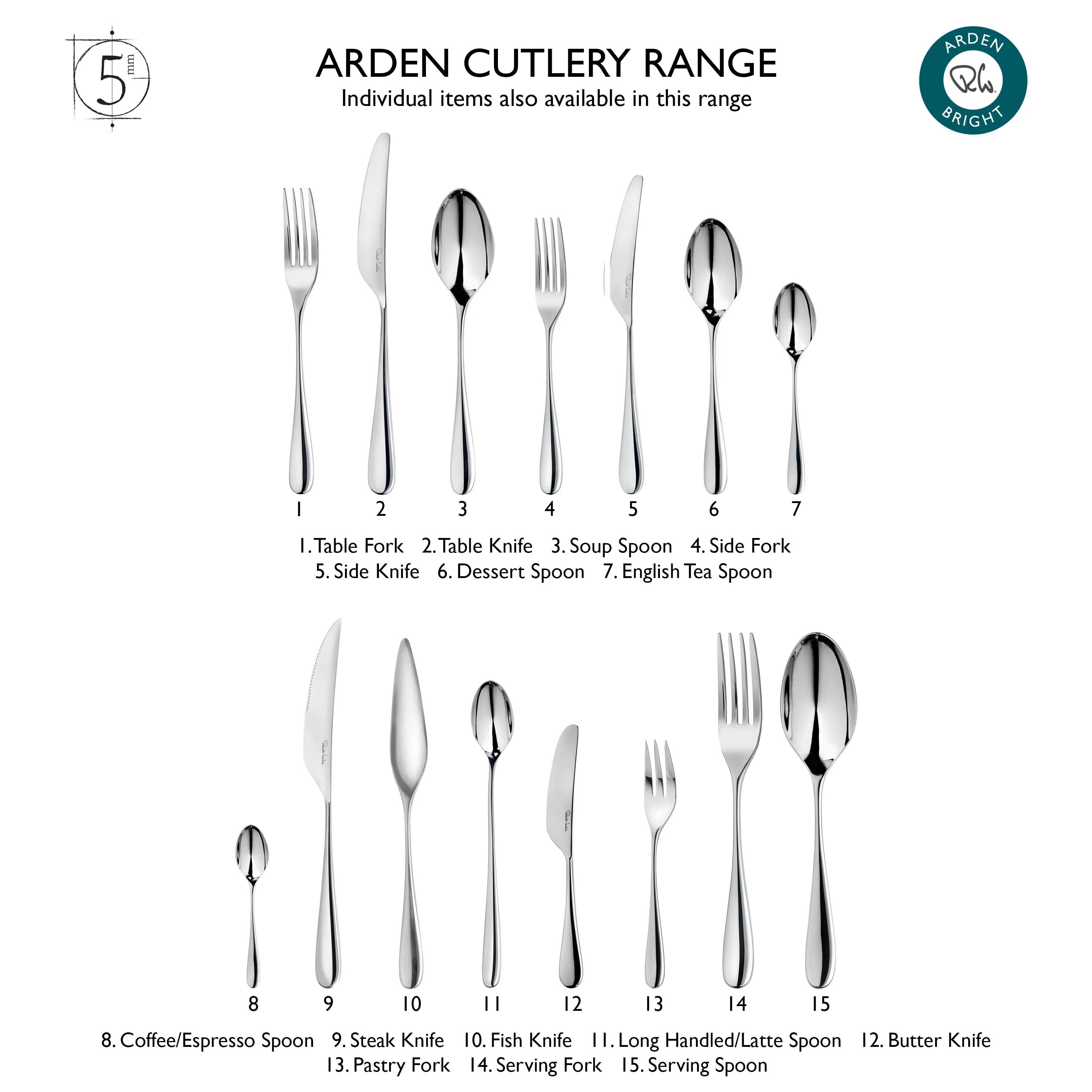 Arden Bright Cutlery Set, 24 Piece for 6 People - Includes 2 Arden Short Candlesticks