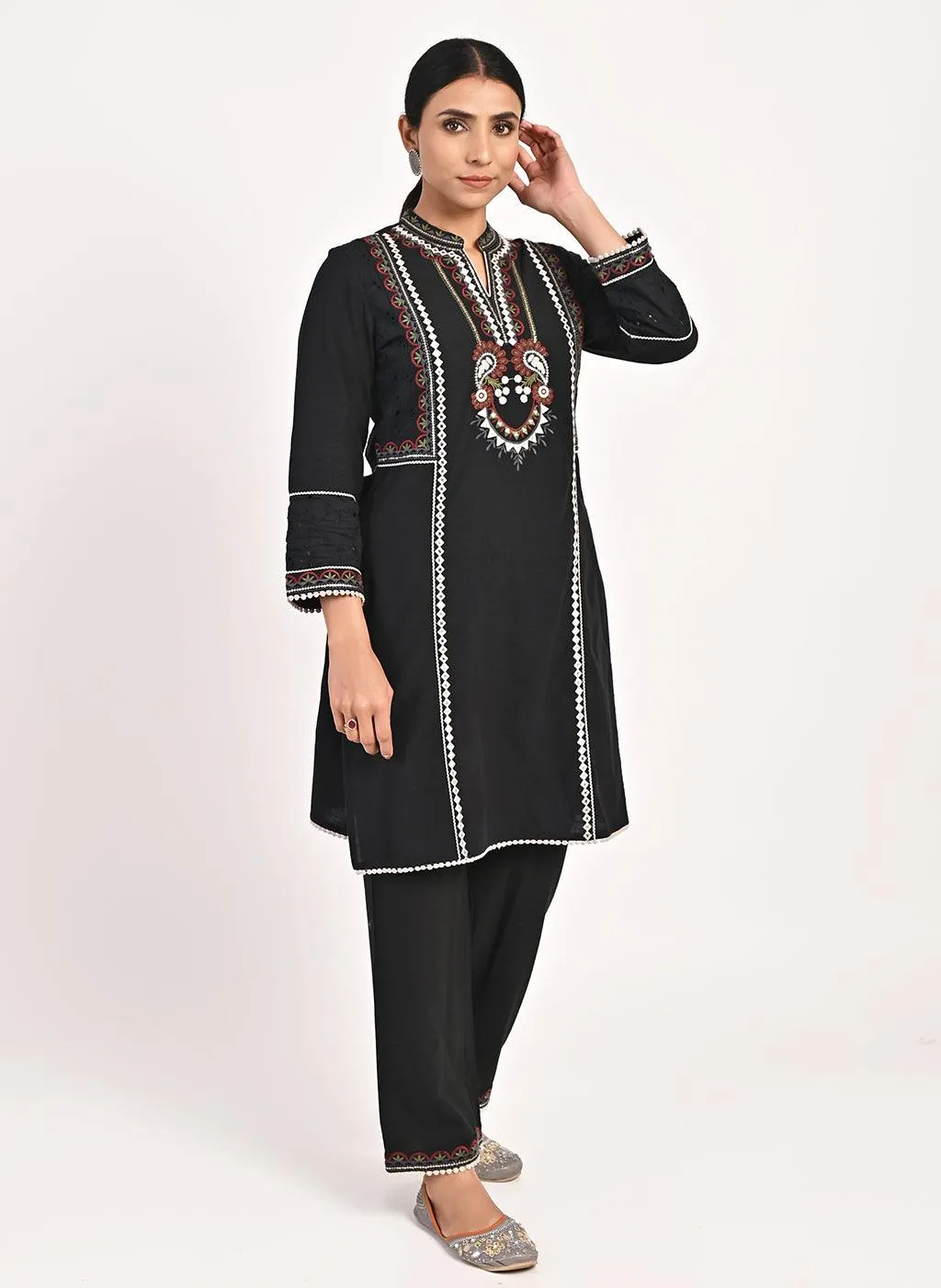 Black Schiffili Embroidered Cotton Co-ord Set with 3/4th Sleeves