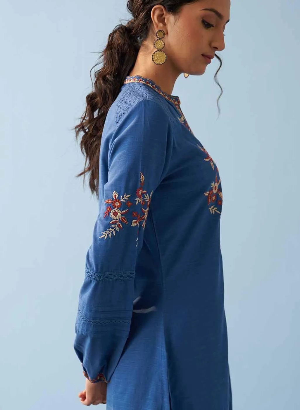 Classic Blue Embroidered Kurta for Women with Puffed Sleeves