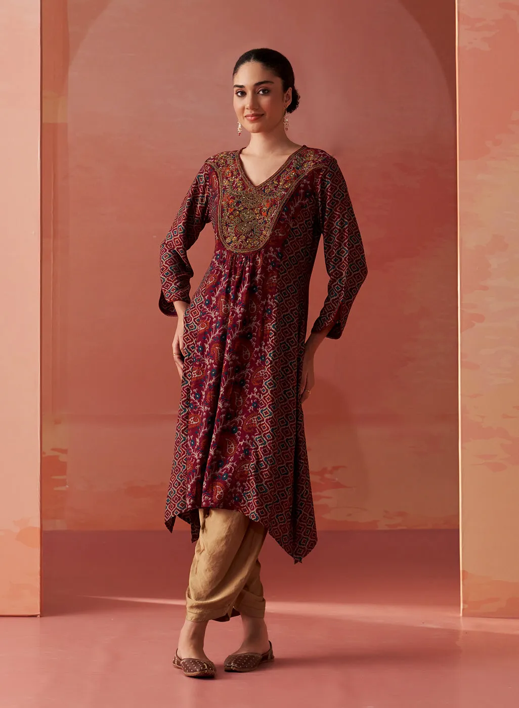 Dilshad Wine Long Printed Kurta for Women