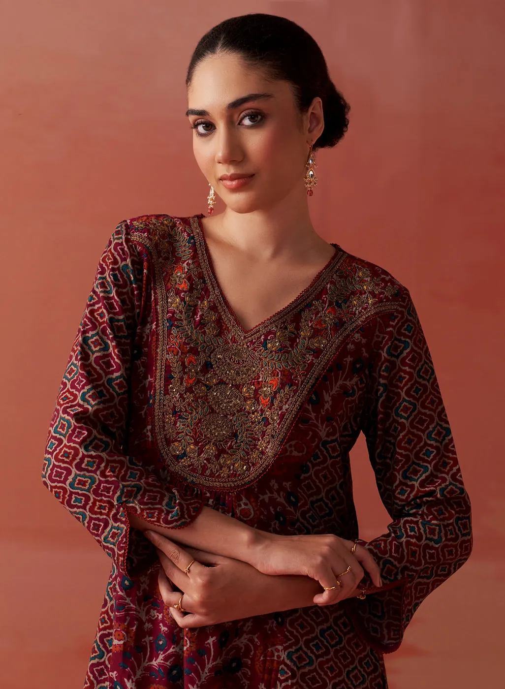 Dilshad Wine Long Printed Kurta for Women