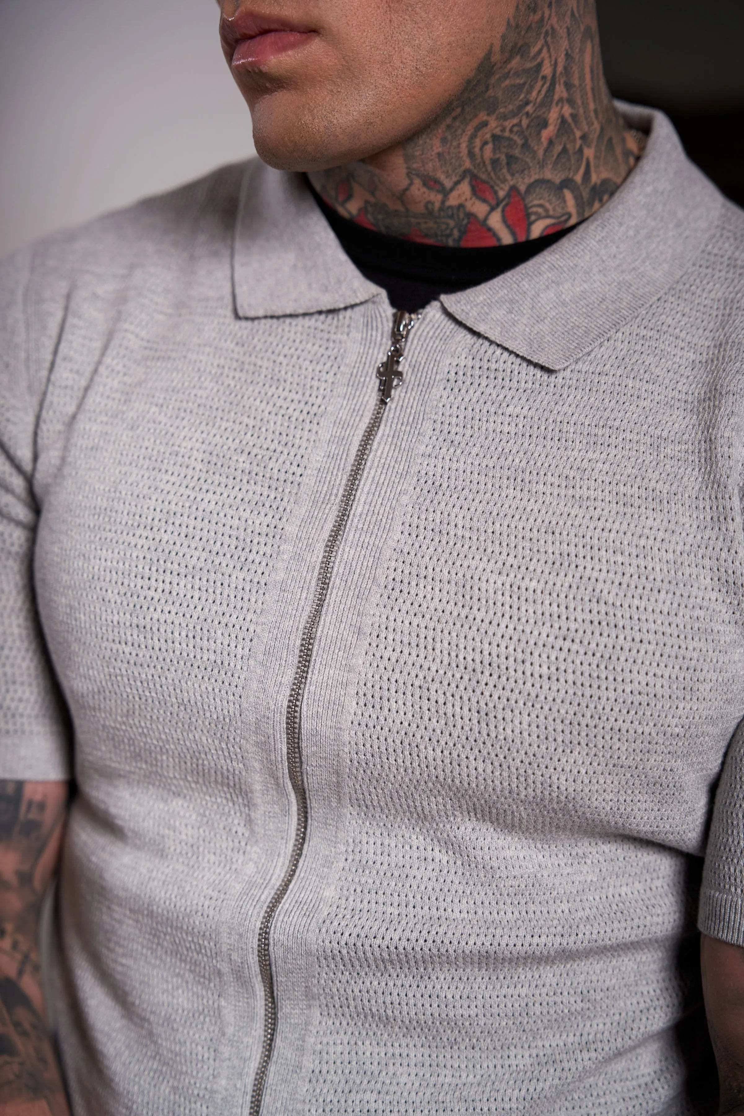 Father Sons Classic Knitted Textured Design With Full Length Zip Light Grey Short Sleeve - FSN154