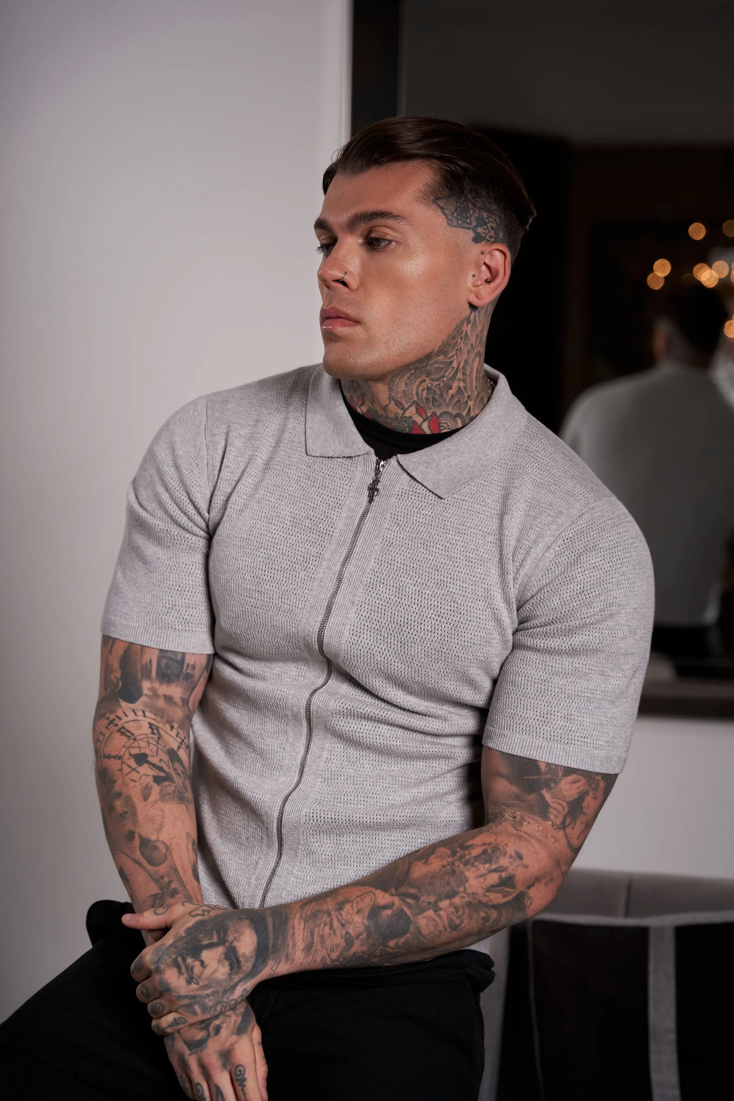 Father Sons Classic Knitted Textured Design With Full Length Zip Light Grey Short Sleeve - FSN154