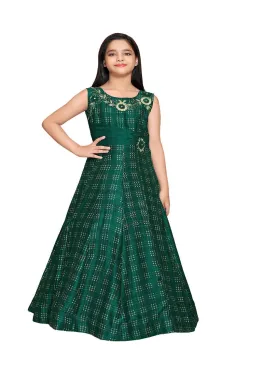 Green & Gold Toned Printed Panelled Simple Design Raw Silk Gown For Girls