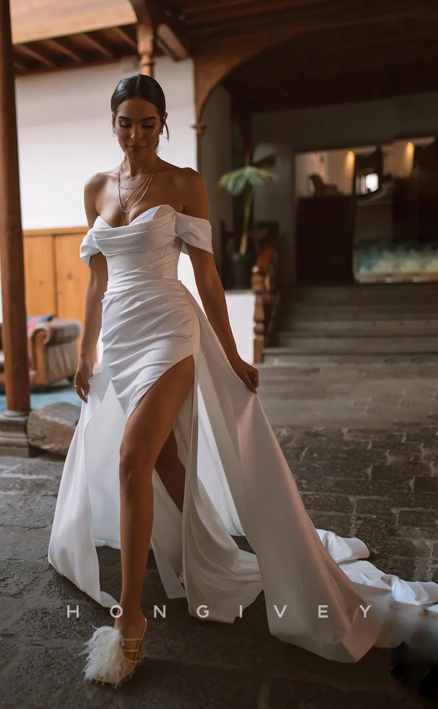 H0887 - Sexy Simple Ruched With Train And Slit Wedding Dress