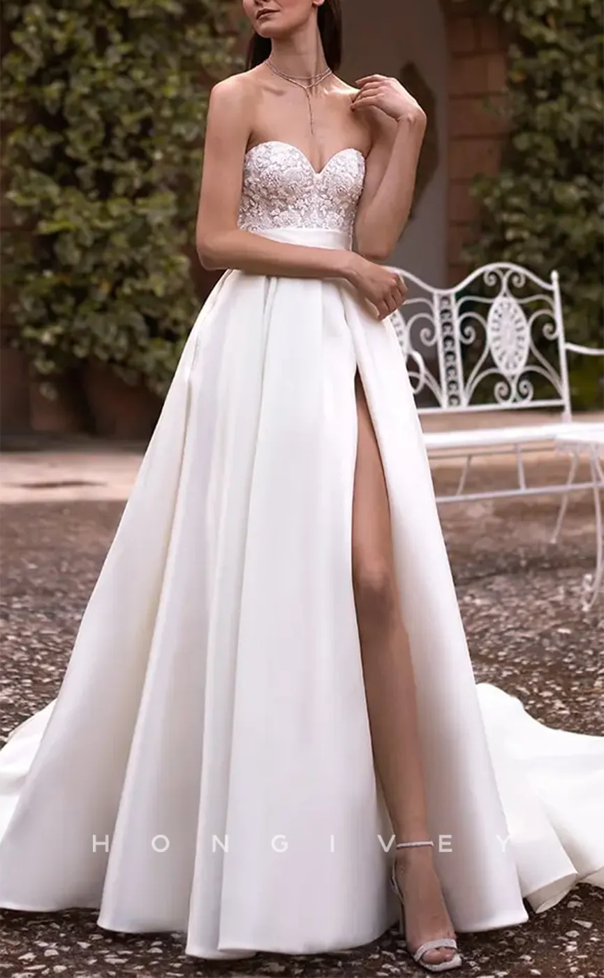 H1163 - Sexy Satin A-Line Sweetheart Sleeveless Empire Appliques With Side Slit Train Wedding Dress