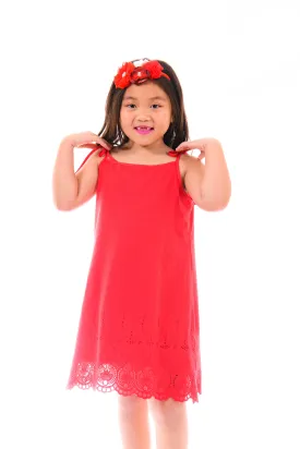 Jacabower Bella Tie String Dress in Red Embroidery (Size 3-10)