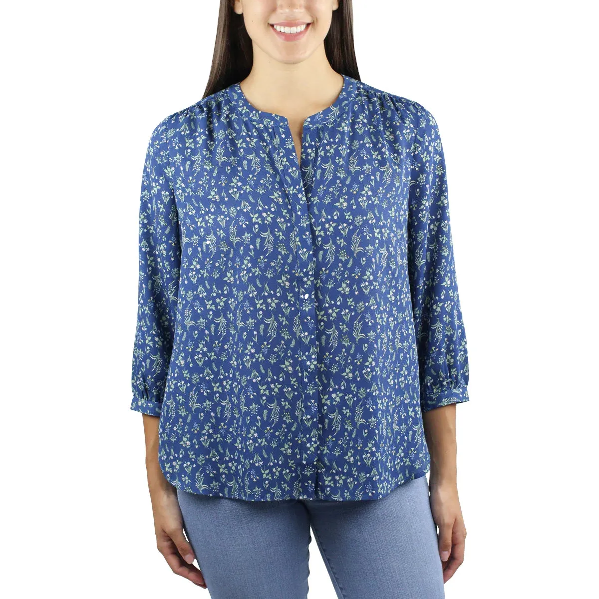 Jachs Girlfriend Women's Floral Print Button Front Top Three Quarter Sleeve Blouse