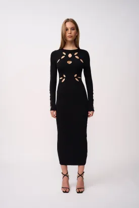 Laser Leaf Midi Dress - Black