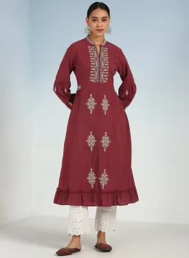 Maroon Long Geometrical Embroidered Dress with Frilled Hem