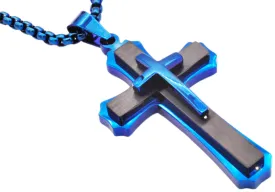 Mens Black And Blue Plated Stainless Steel Cross Pendant Necklace