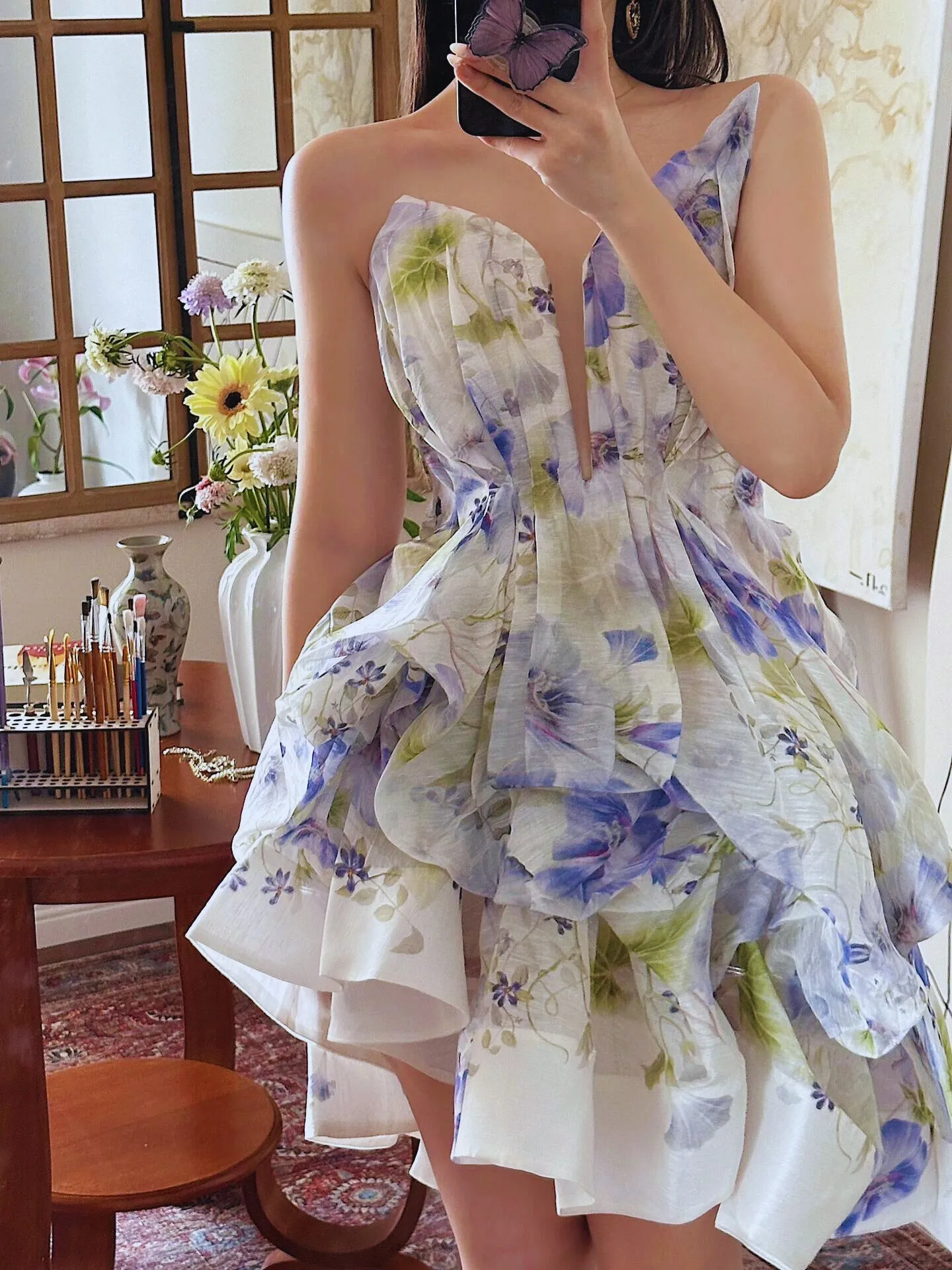 Natural Ruffled Organza Corset Minidress