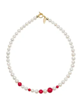 Round White Pearls and Red Coral Mixed Necklace JN002